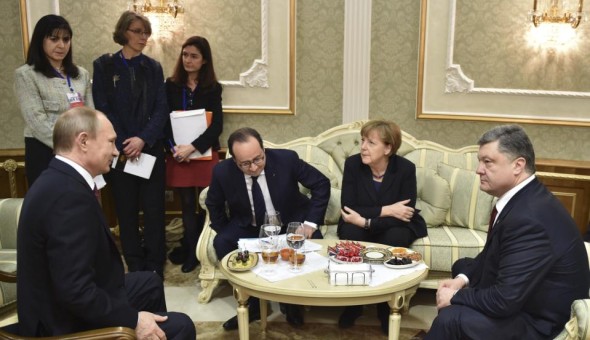 Vladimir Putin,  Angela Merkel, Francois Hollande, Petro Poroshenko